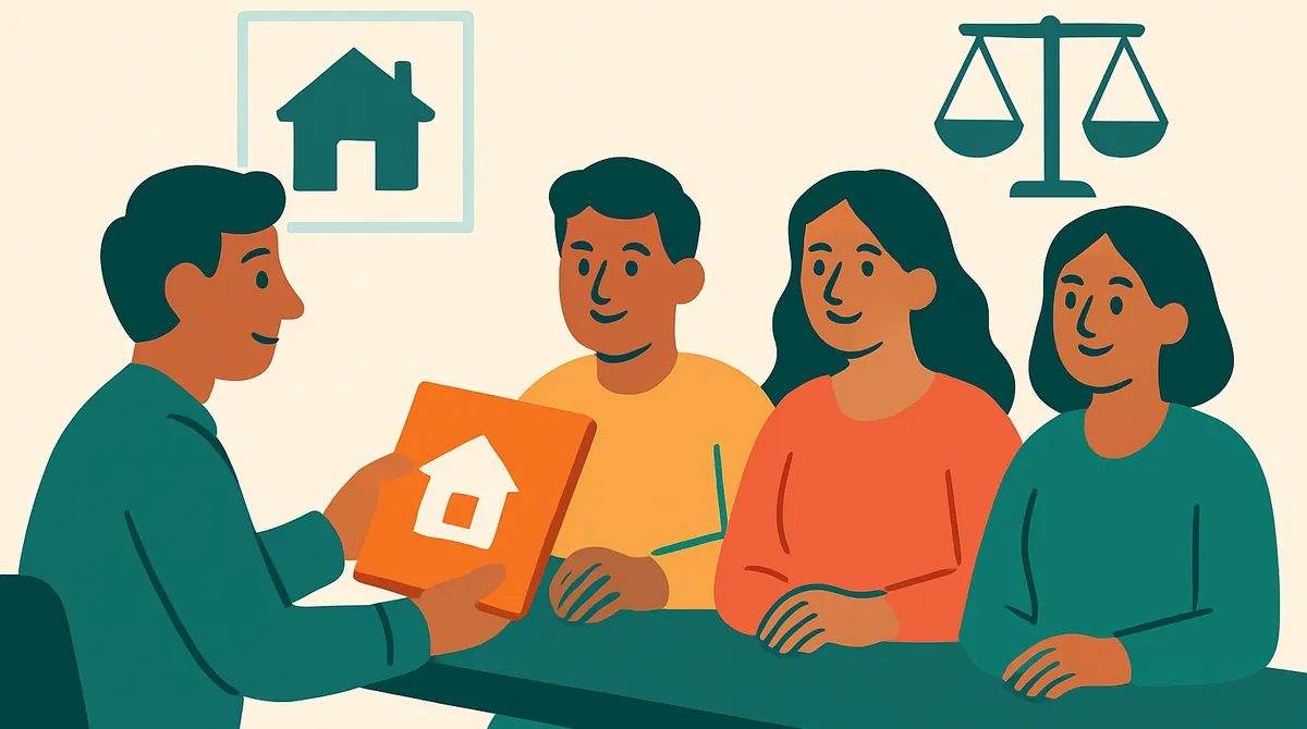 Un dueño de casa presenta una carpeta ante tres personas en una mesa, con el dibujo de una casa y una balanza.