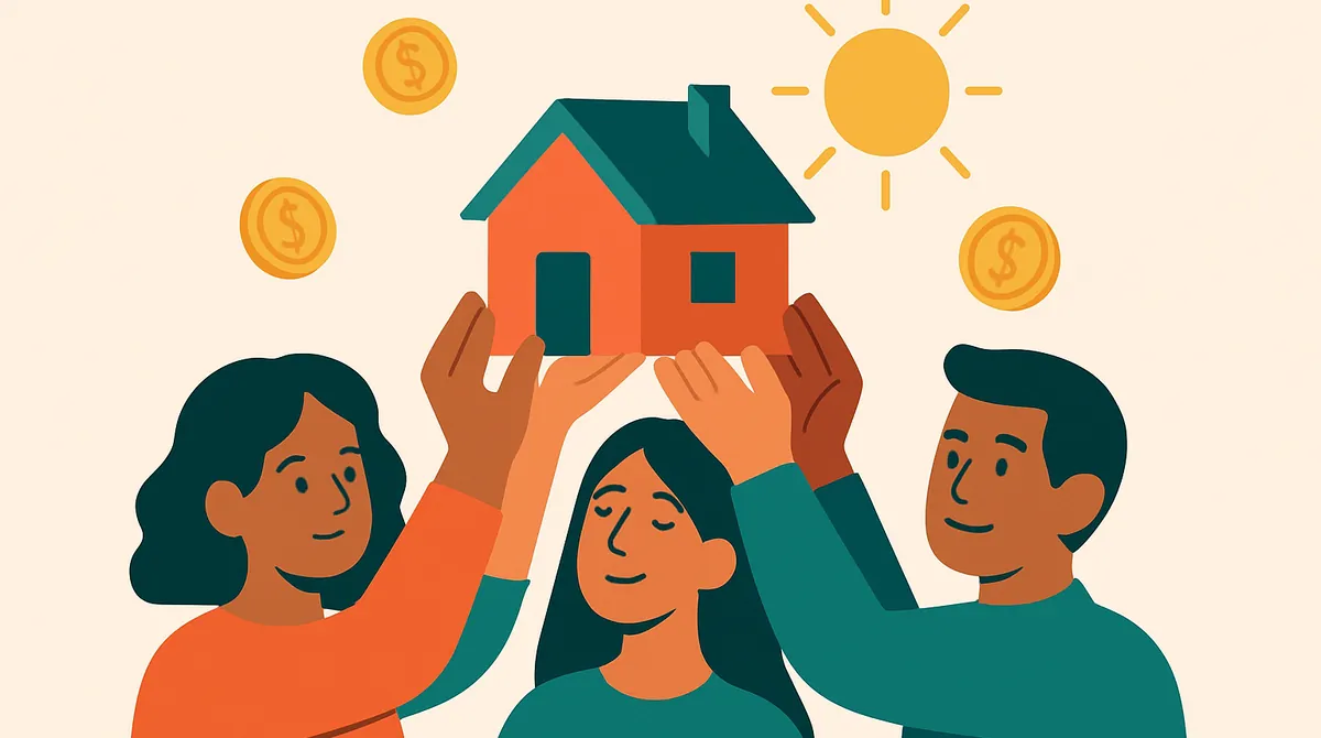 Varias manos sostienen una casa pequeña bajo el sol, rodeada de monedas.