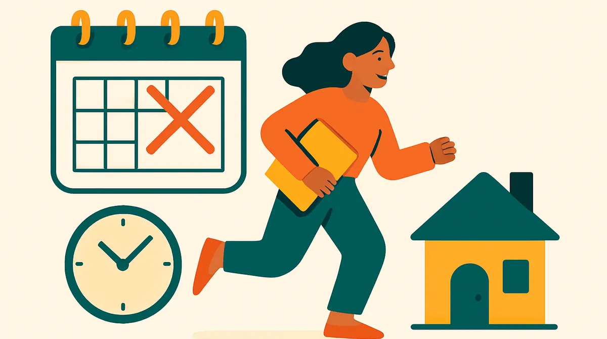 Una mujer camina apurada con una carpeta hacia una casa, junto a un calendario con un día tachado y un reloj.