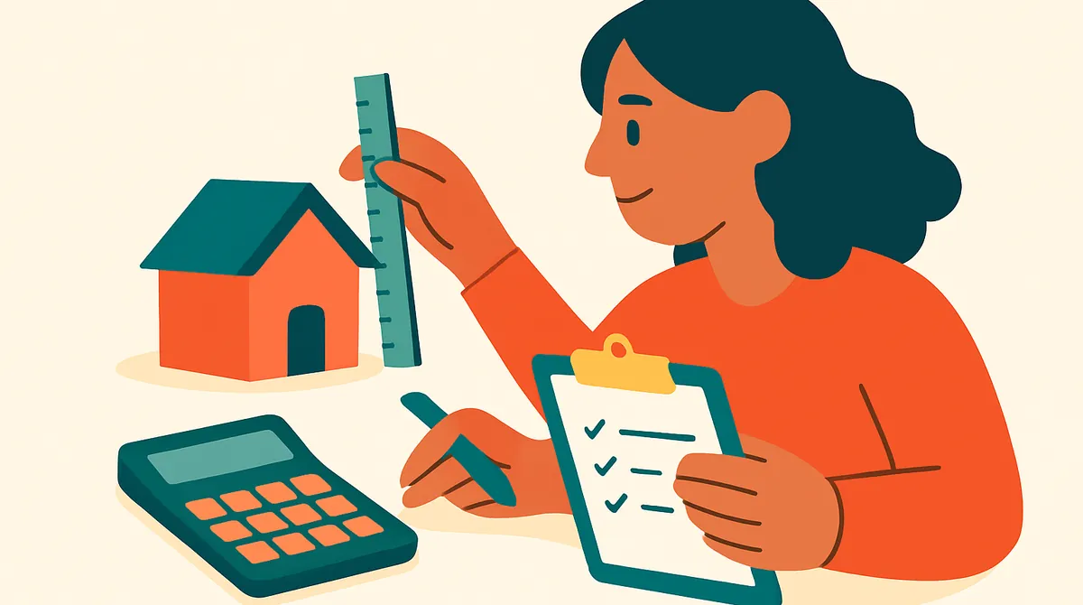 Una mujer mide una casita con una regla y anota en una tabla, con una calculadora cerca.