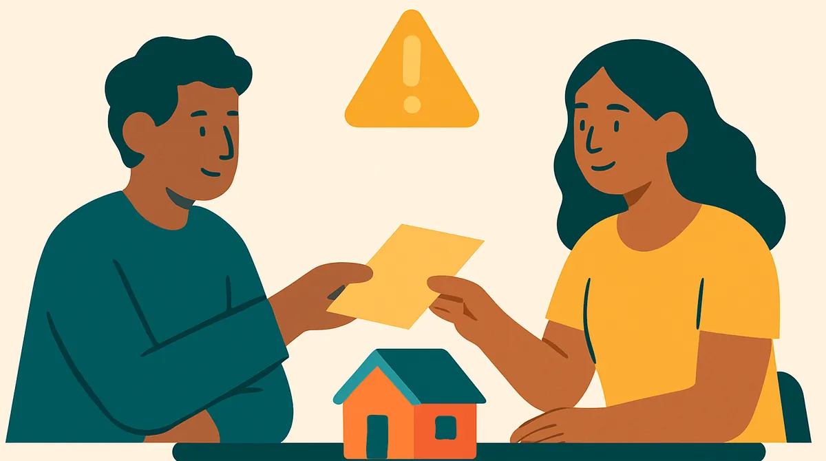 Dos personas se pasan un documento sobre una mesa con una casita de juguete, con un triángulo de precaución encima.