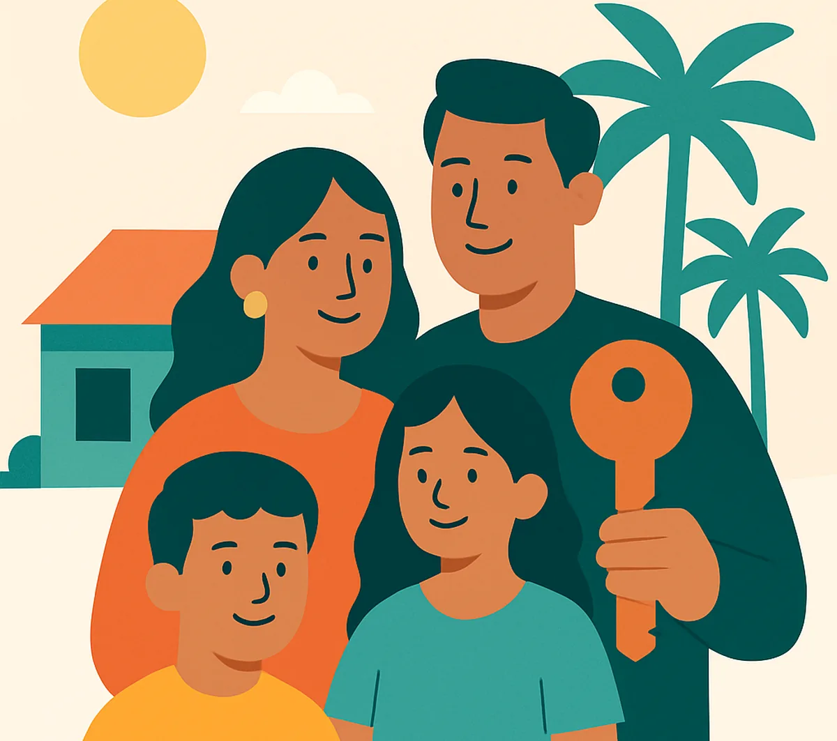 Una familia sonriente frente a su casa con palmeras, y el papá sostiene una llave grande.